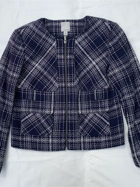 Halogen Navy and White Plaid Zip-Front Blazer